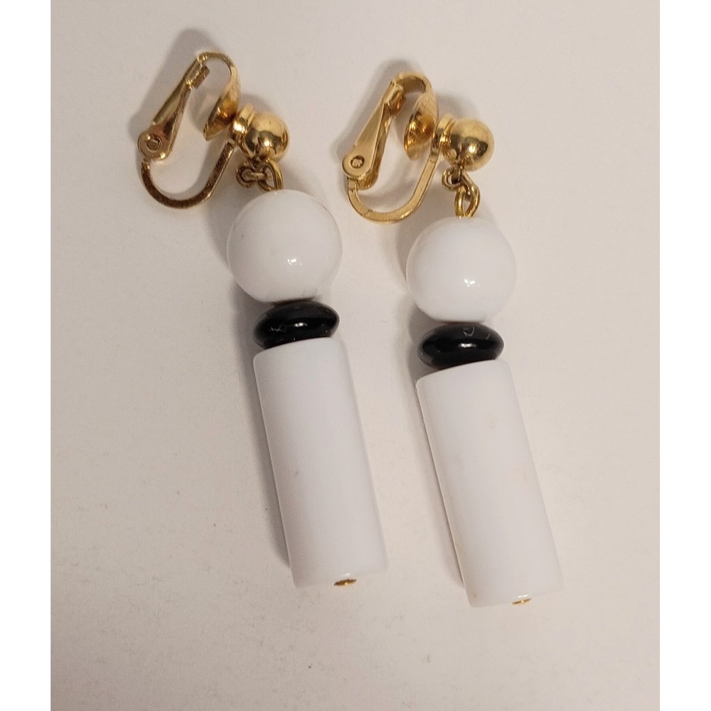 Vintage Signed Crown Trifari White & Black Gold Tone Dangle Clip on Earrings
